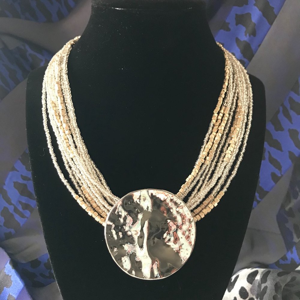 Chico's Silver and Gold Tone Beaded Necklace With Round Hammered Pendent NWT